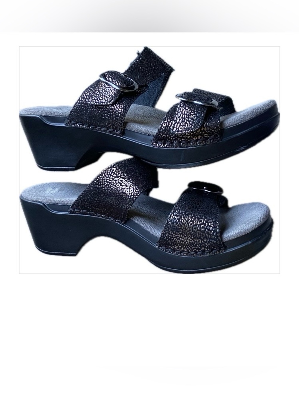 Dansko Black Textured Two-Band wedge sandals size 37.